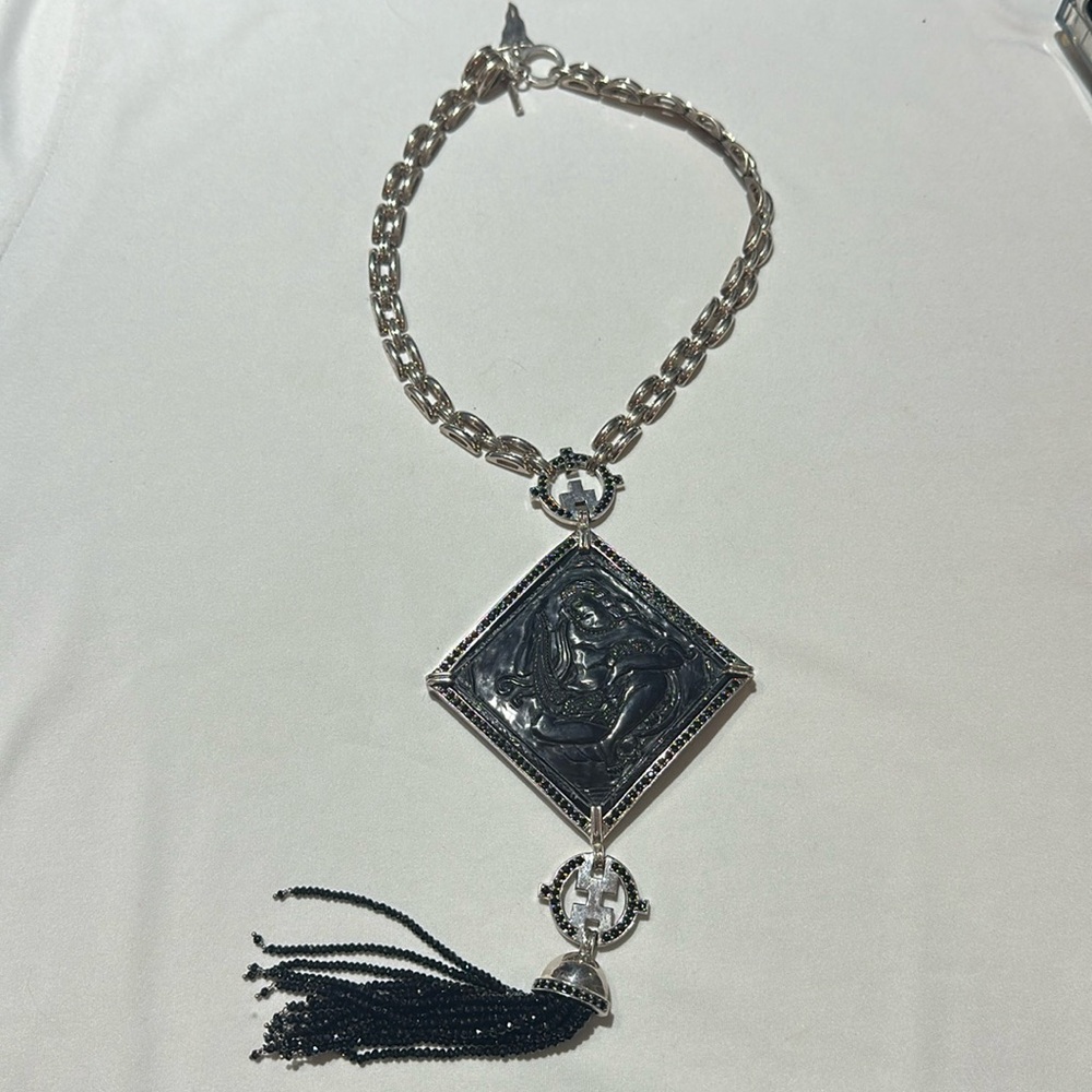 Sterling silver and black pendant chain necklace with tassel